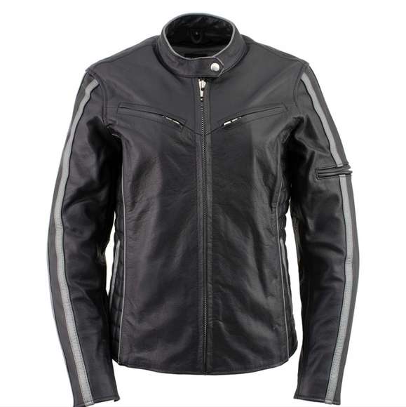 Xelement Women’s Black with Silver Multi Vented Leather Motorcycle Jacket - Picture 1 of 16